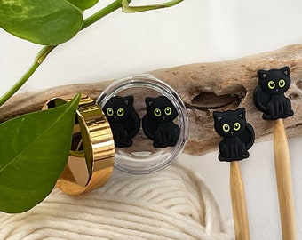 Beautiful black cat with green eyes knitting needle buddy, Set of 2 feline stitch stoppers, knitting needle point protectors