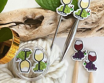 Knitting Stitch Stoppers CHEERS glass of RED or WHITE wine stitch stoppers, Toast white + red wine Set of 2 knitting needle point protectors