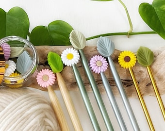 Colorful Spring + Summer Garden flowers and leaves knitting needle buddy, 4 Sets of 2 stitch stoppers, knitting needle point protectors