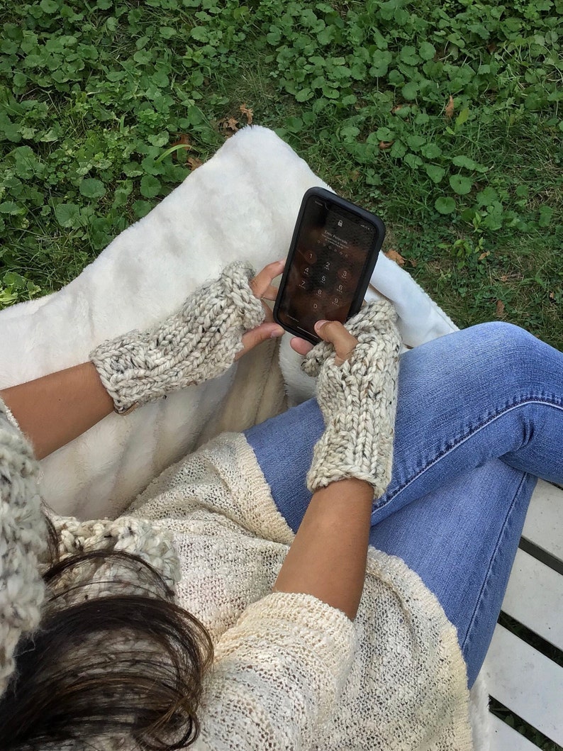Customizable Hand-Knit Fingerless Mitts, Chunky Wool Blend Handwarmers Oatmeal