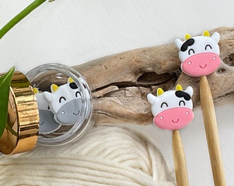 Adorably happy Smiling Cow faces, gray and white or pink and white cows, Set of 2 stitch stoppers, knitting needle point protectors