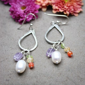 Multicolored gemstone and sterling silver dangle earrings, freshwater pearl, amethyst, peridot, citrine and carnelian