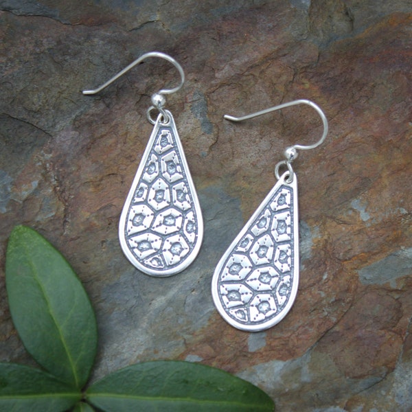 Sterling silver dangle earrings with etched Petoskey stone pattern, Michigan jewelry