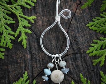Petoskey stone and Leland Blue pendant, Boho style Michigan jewelry