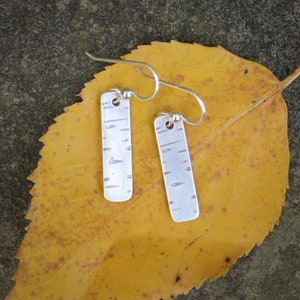 May include: A pair of silver earrings with a birch bark design. The earrings are hanging from a yellow leaf.