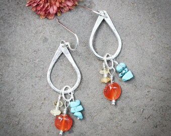 Colorful gemstone earrings, turquoise, carnelian, citrine and sterling silver earrings, Boho dangle earrings,