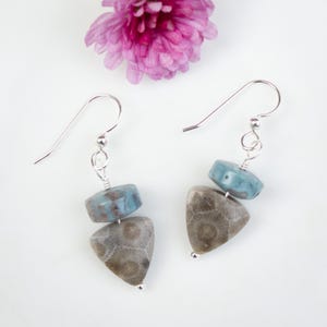 May include: A pair of silver dangle earrings with a light blue and brown stone. The stones are in a triangular and round shape.