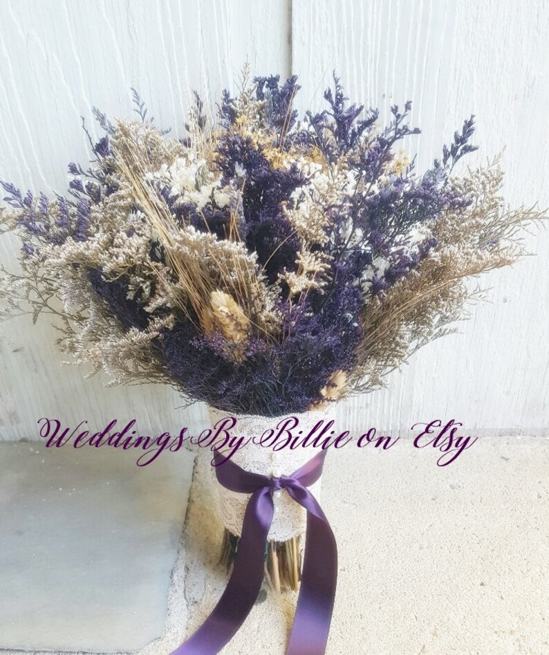 Keepsake Bouquet Burlap and Lace Alternative Bouquet Lavender Wheat Caspia Babies Breath Bouquet Purple Wildflower Dried Flower Bouquet