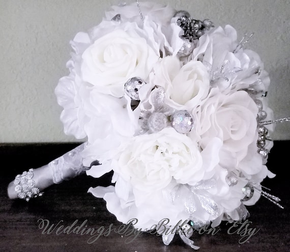 Winter White And Silver Bouquet White Wedding White Etsy