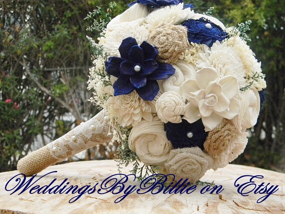 Fall Bouquets Burlap Lace Navy Blue Sola Bouquet Blue Etsy