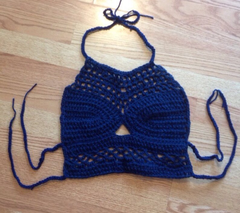 Blue crochet halter bra bikini gypsy hippie boho Summer festival top Size Small Free Shipping