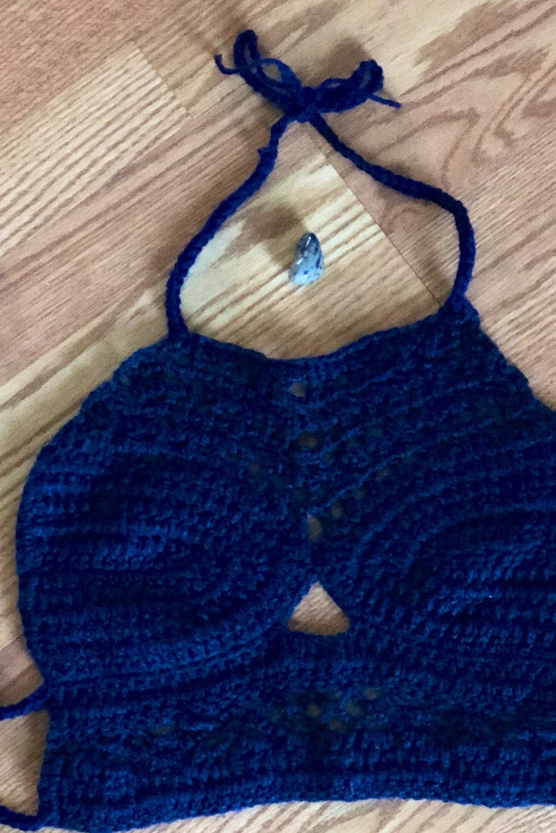 Blue crochet halter bra bikini gypsy hippie boho Summer festival top Size Small Free Shipping