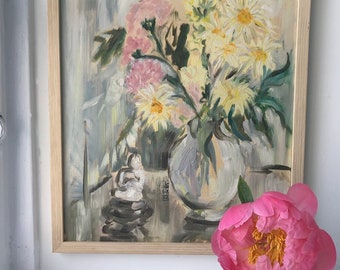 Daisies In a Vase | Vintage Gemälde | Florale Kunst | Original Kunst | Gerahmte Malerei | Stillleben Kunst | Boho Stil Kunst