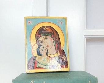 Virgin Mary and Child Tempera On Wood | Byzantine Art | Religious Art | Vintage Art | Hand Painted Virgin Mary | Orthodox Icon | Catholic