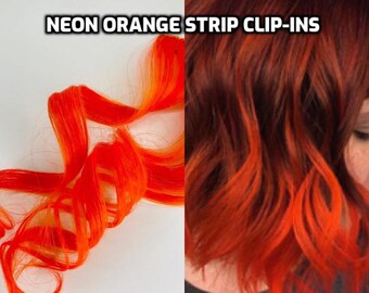 100% Human Hair Neon Orange Strip Clip-in extensions streaks 1pc