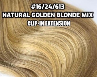 Clip-ins 100% Human hair Natural Golden Blonde Mix Hand-made Clip-in hair extensions