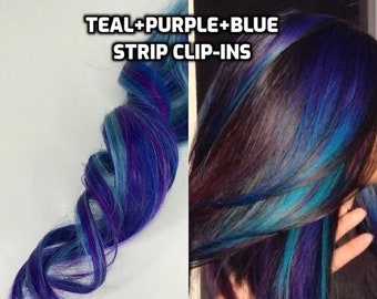 100% Human Hair Bright Turquoise Teal Purple Blue Strip Clip-in extensions streaks 1pc