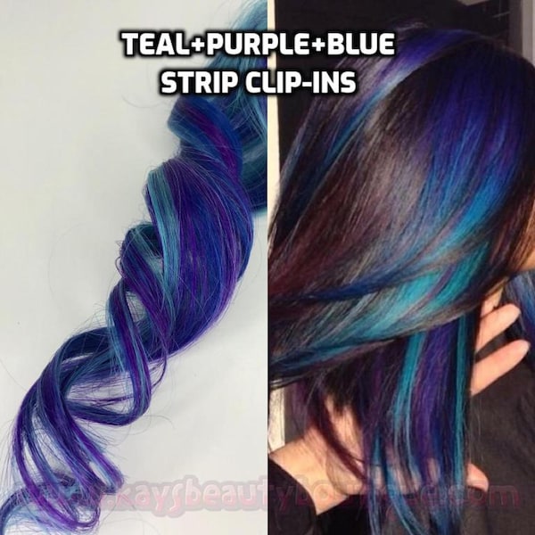 100% Human Hair Bright Turquoise Teal Purple Blue Strip Clip-in extensions streaks 1pc