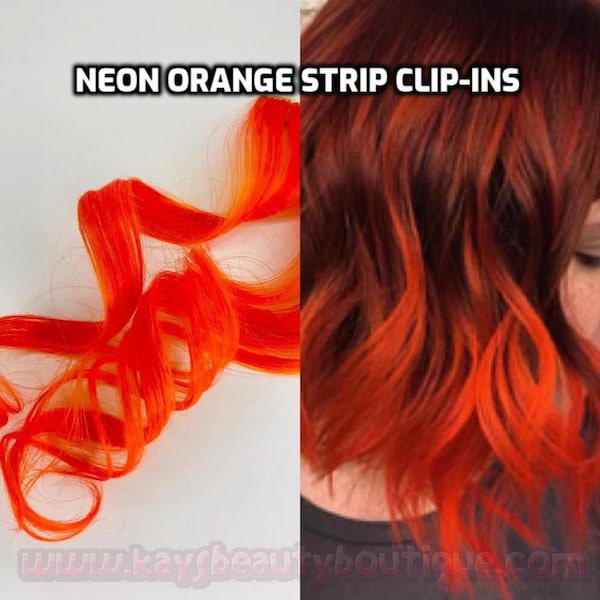 100% Human Hair Neon Orange Strip Clip-in extensions streaks 1pc