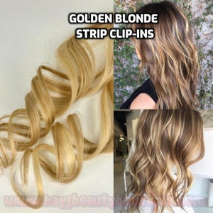 100% Human Hair Golden Blonde Mix Highlights Strip Clip-in extension streaks 1pc image 1