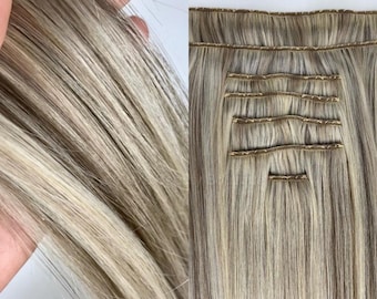 Clip-ins Ash Blonde and Brown Mix 100% Human hair Clip-in hair extensions Hand-made