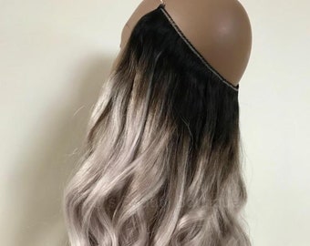 WIRE extension OMBRE Black to LightSilver 100% Human Hair Hand-made