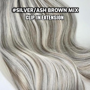 100% Human hair Silver/Ash Brown Mix Hand-made Clip-in hair extensions