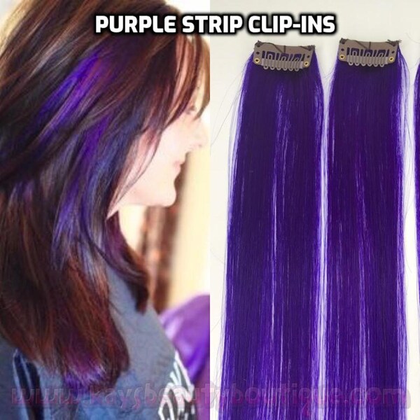 100% Human Hair Bright Purple Strip Clip-in extension 16" streaks 1pc