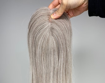 Hair Toppers Mono 100% Virgin Remy Hair Silver/Ash Brown Mix-12"