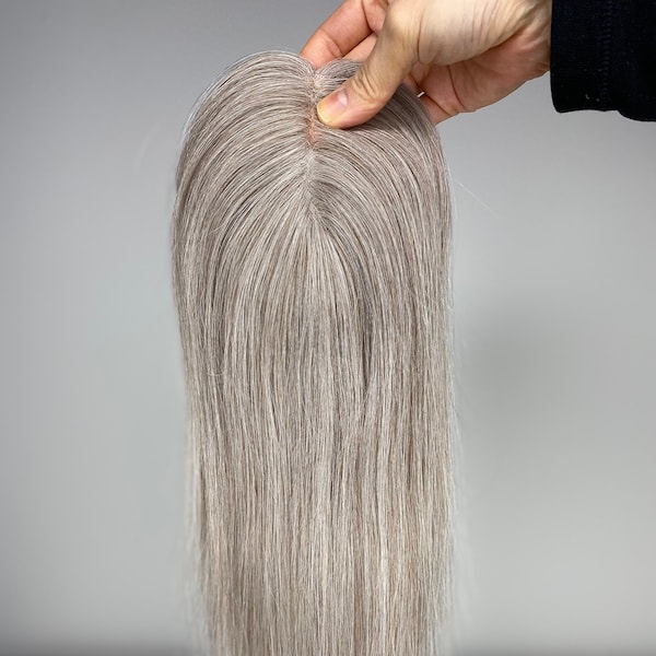 Hair Toppers Silver/Ash Brown Mix 12" Mono 100% Virgin Remy Hair