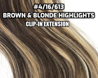 100% Human hair Brown and Blonde Highlights Hand-made Clip-in hair extensions