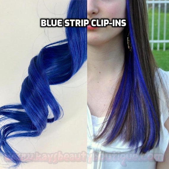 100 Human Hair Bright Blue Strip Clip In Extension Streaks Etsy