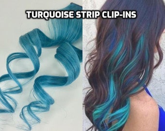 100% Human Hair Bright Turquoise Teal Strip Clip-in extensions streaks 1pc