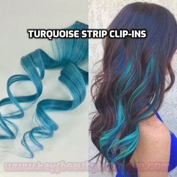 100% Human Hair Bright Turquoise Teal Strip Clip-in extensions streaks 1pc