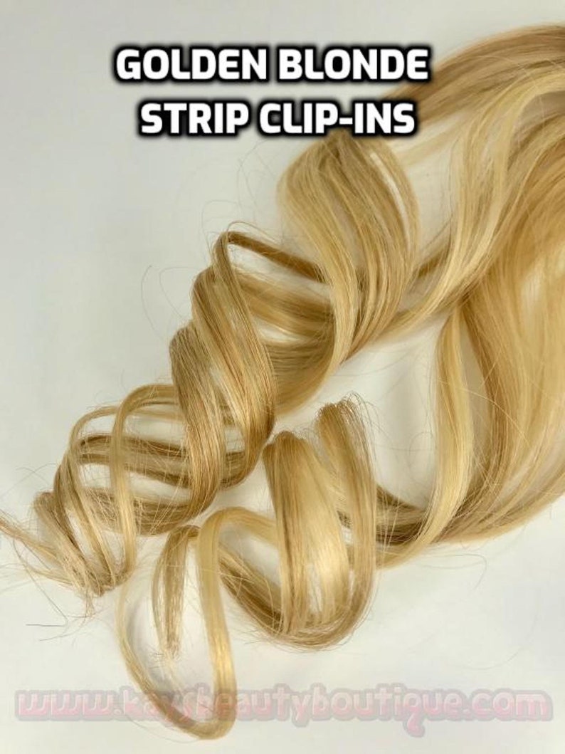 100% Human Hair Golden Blonde Mix Highlights Strip Clip-in extension streaks 1pc image 2