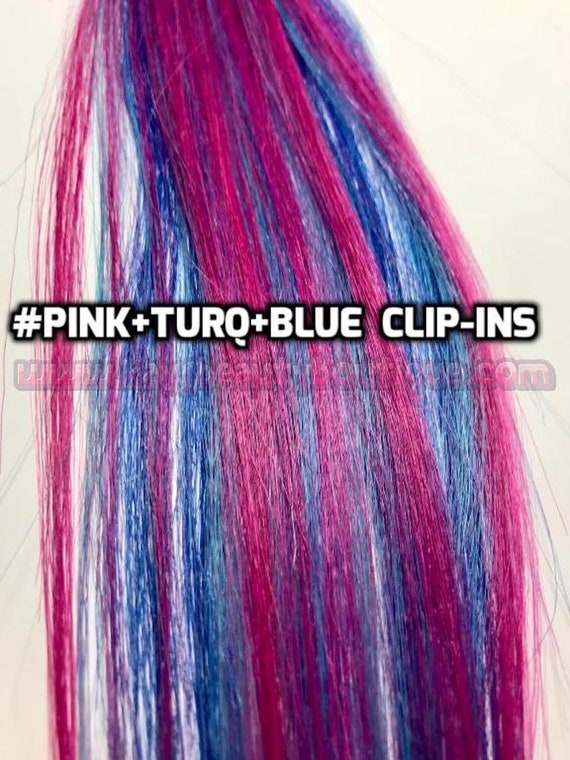 100 Human Hair Bright Pink Turquoise Blue Strip Clip In Etsy