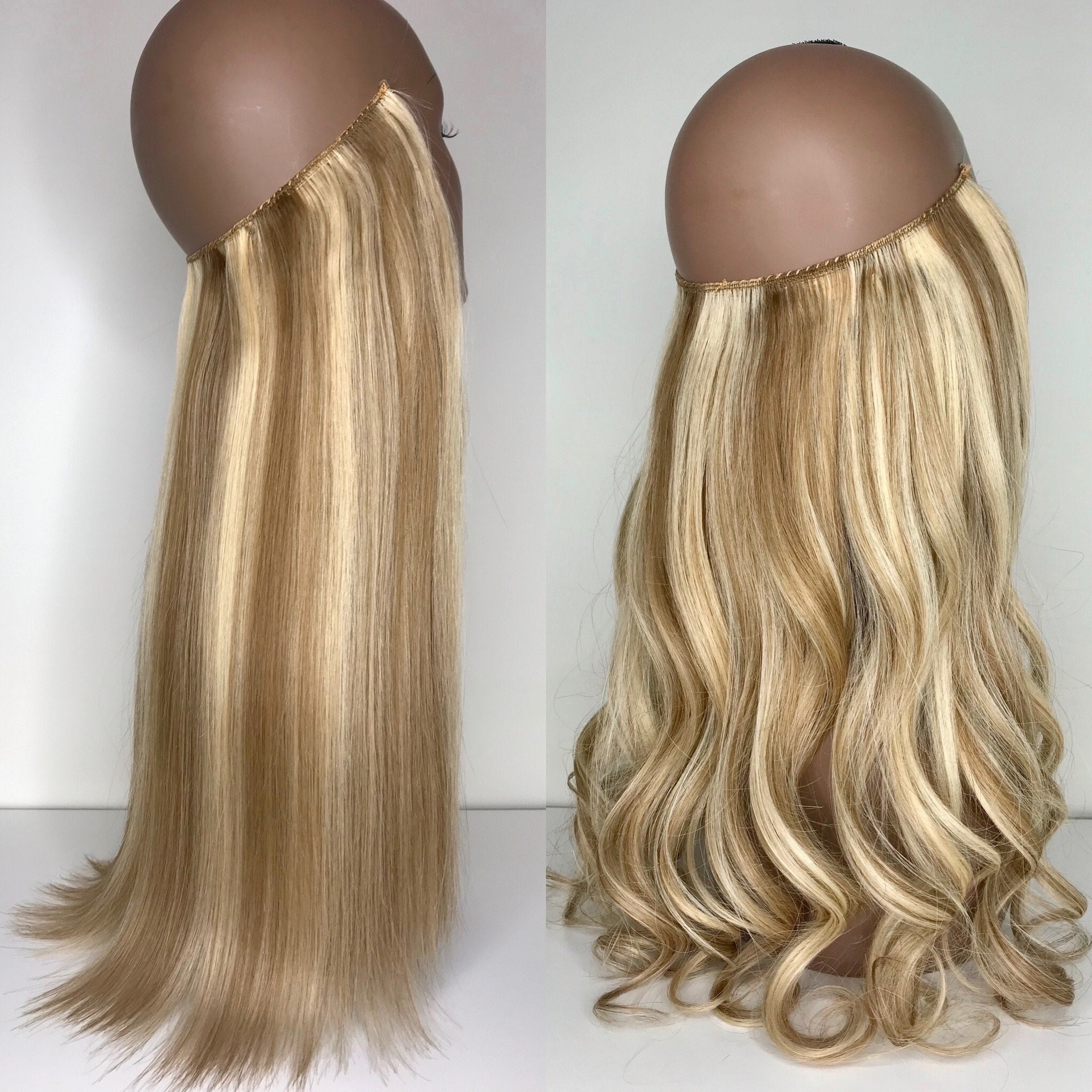 22” Straight Medium Blonde Halo Hair Extensions 22 Straight Light Brown to Light Blonde Halo Hair Extensions  main image 3