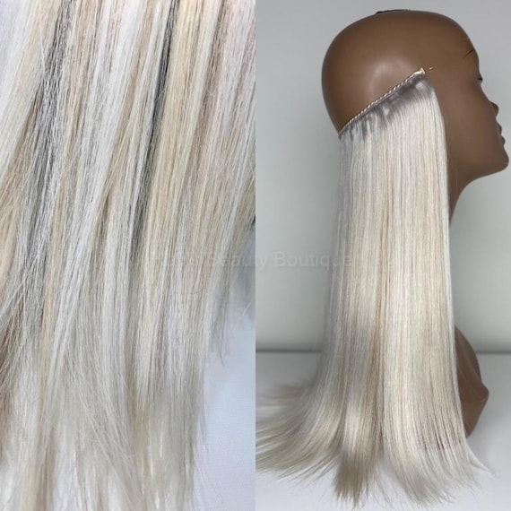 WIRE Halo Extensions Ash White Blonde Mix 100% Human Hair  display picture 3