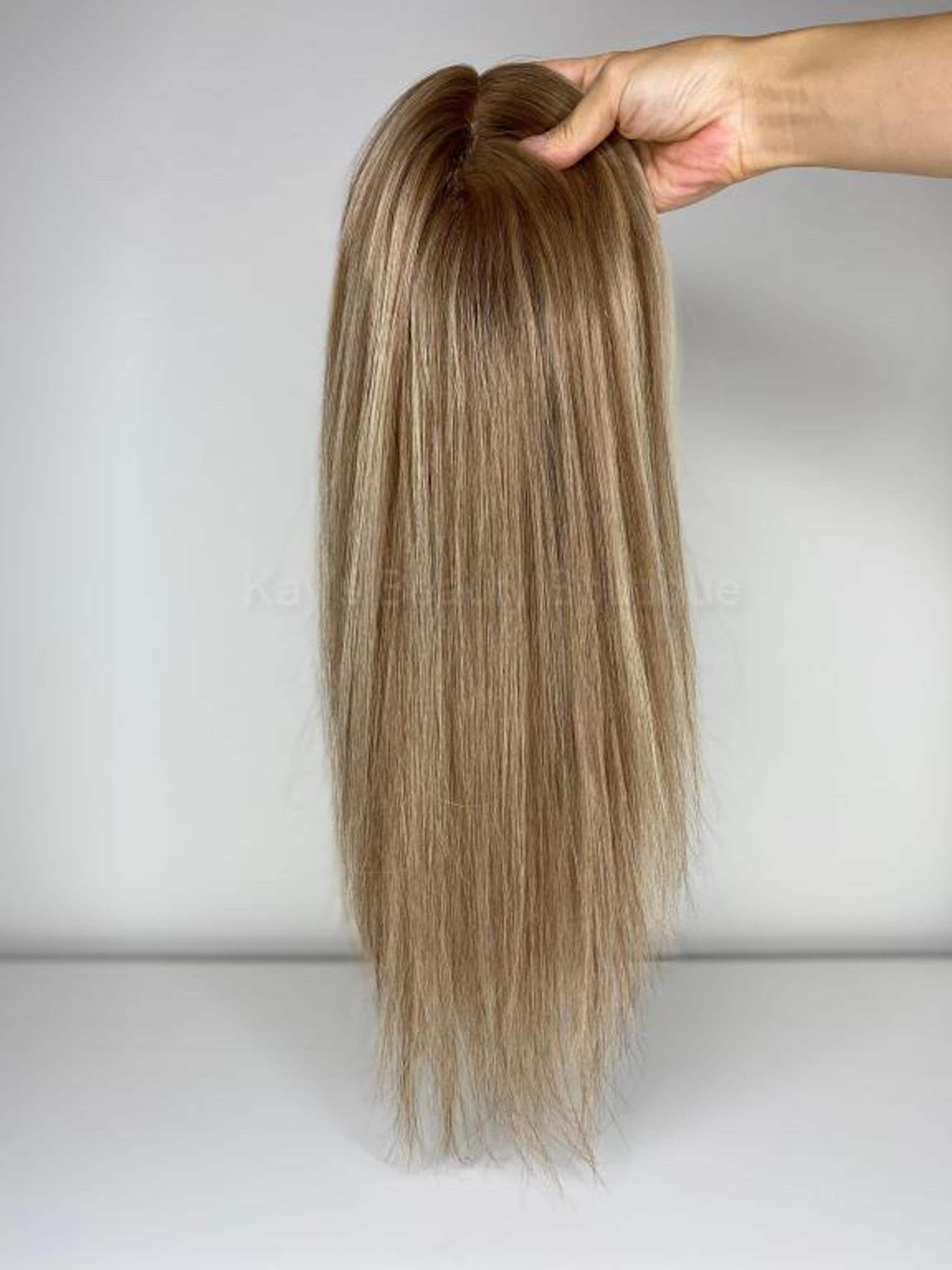 Hair Toppers Mono 100% Virgin Remy Ombre Balayage Hair Ash Blonde&Ash Brown Mix 14"