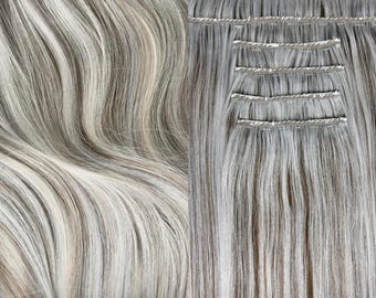 Clip-ins Silver and Ash Brown Mix Hand-made 100% Clip-in hair extensions