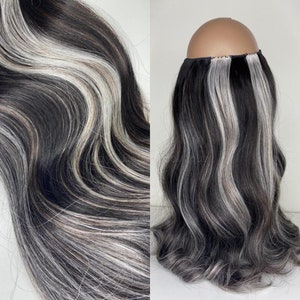 WIRE halo extensions Black and Silver Chunky Highlights #1B/LTSVA 100% Human Hair Hand-made