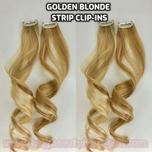 100% Human Hair Golden Blonde Mix Highlights Strip Clip-in extension streaks 1pc image 3