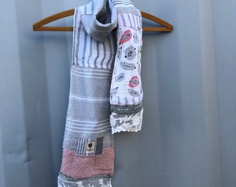 FOGGY ROSE, Patchwork Scarf, BOHO, Shabby Chic, Mori Kei, Scrappy, Upcycle, Hippie, Urban, Nomad, Anthropologie, Bohemian, Gypsy, sashiko