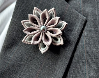 Gray Silver Flower Lapel Pin, Man Jacket Boutonniere