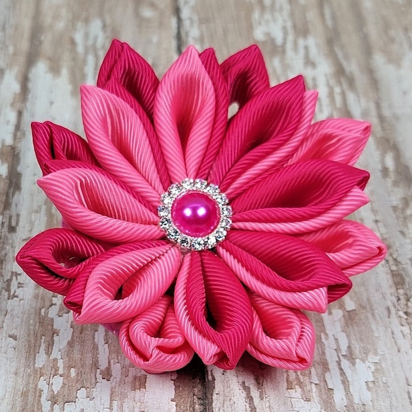 Pink Azalea Fabric Flower Hair Clip -  Kanzashi Floral Hairpin for Women.