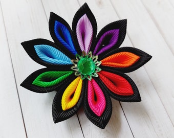 Rainbow kanzashi flower brooch lapel pin. Rainbow brooch boutonniere.