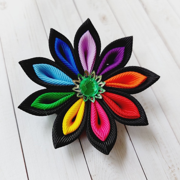 Rainbow kanzashi flower brooch lapel pin. Rainbow brooch boutonniere.