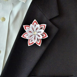 White and Red Flower Lapel Pin - Men&#39;s Kanzashi Brooch Boutonniere for Suit.