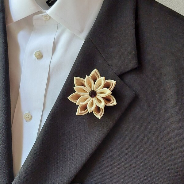 Kanzashi Boutonniere Brooch for Men Suit - Ivory and Light Brown Flower Lapel Pin.