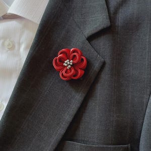 Burgundy Flower Lapel Pin for Men - Kanzashi Brooch Boutonniere Suit Pin.